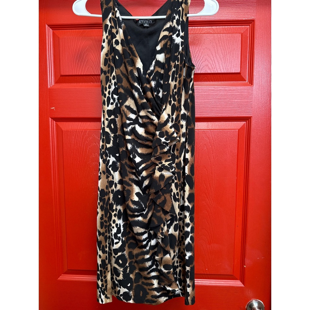 Enfocus Studio Leopard Print Ruffle Front V-Neck Sheath Dress Size 8 7626-32403